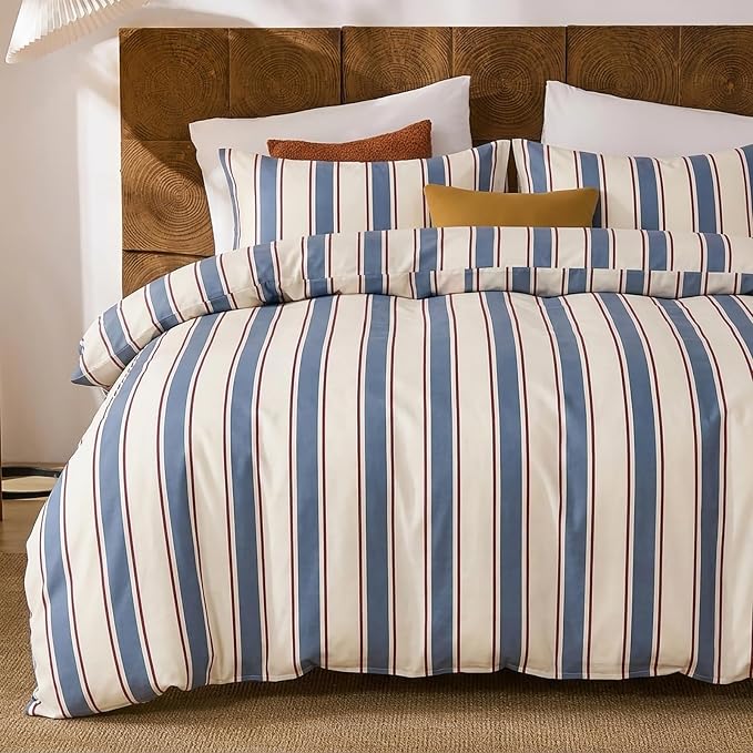 Merryword 100% Cotton Duvet Cover Set King Size - Blue & White Cabana Striped Bedding Set with Zipper & Corner Ties, 3-Piece Luxury & Silky Soft Bedding Set for All Seasons