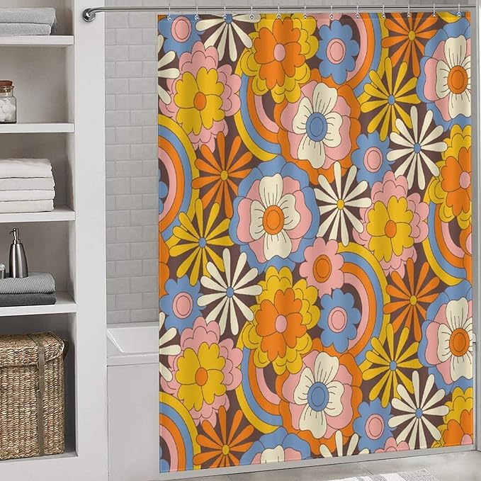 70s Shower Curtain for Bathroom,Rustic Hippie Orange 70s Daisy Floral Flower Cute Funky Trippy Groovy Vintage Boho Colorful Waterproof Fabric Shower Curtain Set with Hooks, 72"x84"