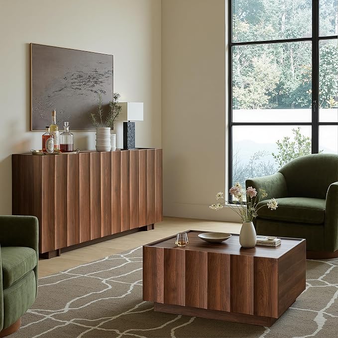 win2win 61.7" Buffet Cabinet with Storage, Mid Century Modern Sideboard with Wave Design, Wood Grain Finish, Credenza with Adjustable Shelves, Modular Cabinets for Living Dining Room Hallway, Walnut