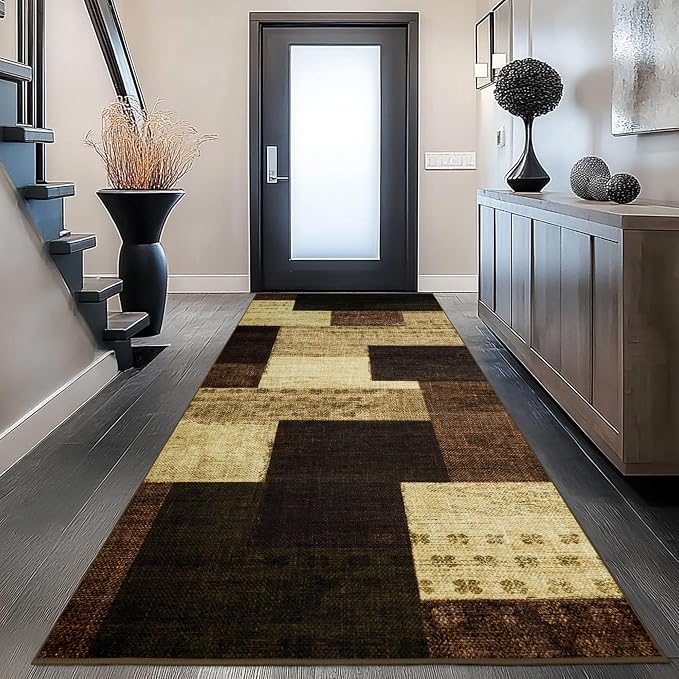 Modern Geometric Patchwork Indoor Runner Rug for Living Room, Warm Taupe 2.7'x 8' Rug Rockwood Collection Hardwood Floors Decor for Bedroom, Taupe Throw Carpet for Office Entryway Dining Room