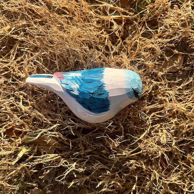 H&Zebrabro Hand Carved Bird Figurines, Hand-Painted Sculpted Wooden Birds, Wood Bird Sculptures for Home Decoration, Hand Crafted Life Like Bird Statues, Ideal Gifts for Bird Lovers (Azure Tit)
