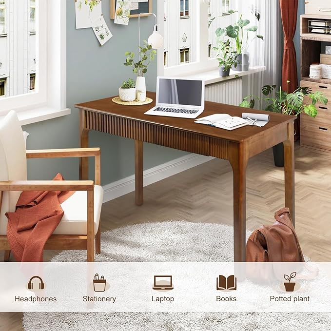 47.2'' Solid Wood Desk with 2 Drawers, Mid Century Modern Home Writing Office Wooden Desk ,Vintage Computer Table with Storage for Living Room, Bedroom, Fluted Design Brown (Walnut, 47.2 Inch)