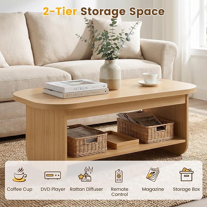 Giantex Oval Coffee Table, 47" Mid Century Modern Center Table with Storage Shelf & Round Corner, 2-Tier Accent Cocktail Tea Table, Wood Coffee Table for Living Room, Small Spaces (Natural)