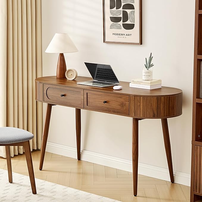 Mid-Century 59" Wood Writing Desk, Home Office Computer Laptop Desk with 2 Flip Storage Space + 2 Drawer, 150 CM Elegant Fluted Vanity Table Multifunctional Study Desk for Office, Bedroom (Wlanut)