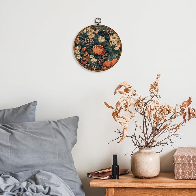 KSDUT Aesthetic Flower Dark Wall Art Decor - Botanical Neutral Mid Century Modern Wall Art Canvas Frame Hanging Prints, Vintage Landscape Round Wall Art Decor for Home Decorations 10"x10"