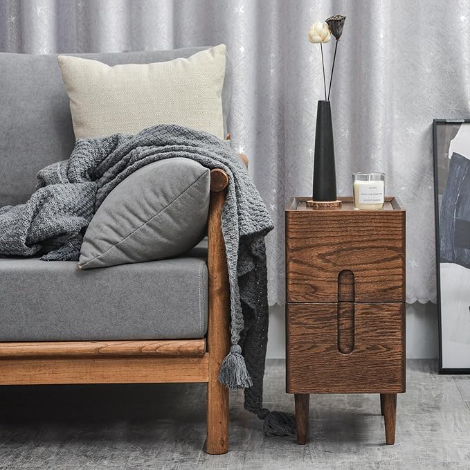 Mid Century Modern Nightstand, Narrow Nightstand, Minimalist Side Table for Bedroom, 2-Drawer Bedside Tables (Walnut, 9.84inches)