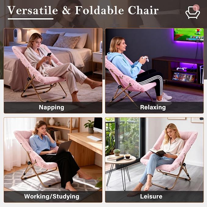 Furlide Modern Pink Faux Fur Foldable Metal Frame Recliner Chair for Bedroom, Living Room, Balcony