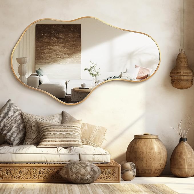 Bathroom Mirrors for Over Sink - Wall Mirrors Decorative 26"x 43" Asymmetrical Abstract Aviation Aluminum Alloy Frame Unique for Bathroom, Bedroom, Living Room, Cloakroom, Entryway Gold