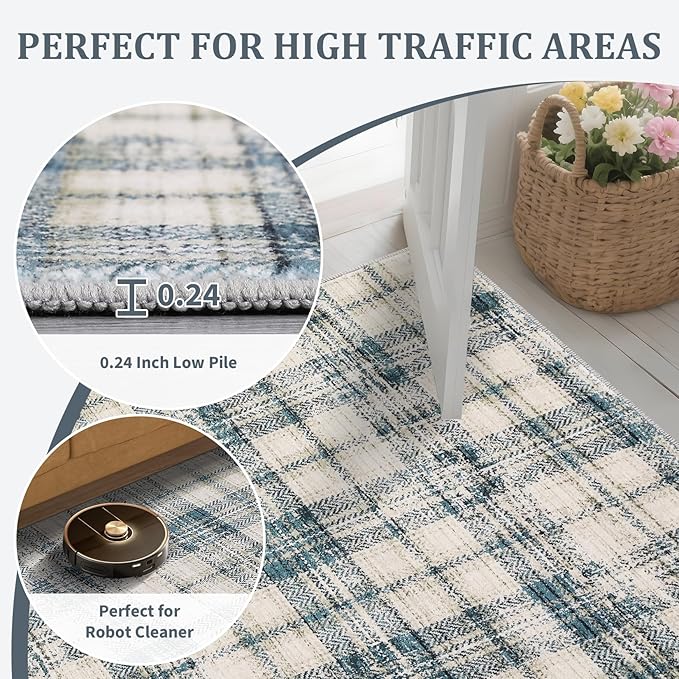 Washable Rugs Runner Rug 2x6 Modern Plaid Area Rug Soft Carpet 2'x6' Green/Beige