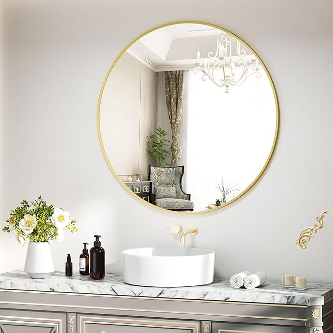 VooBang Gold Round Bathroom Mirror, 28 inch Circle Wall Mounted Hanging Mirror with Simple Modern Circular Metal Frame for Hallway, Entryway, Living Room, Gold Frame