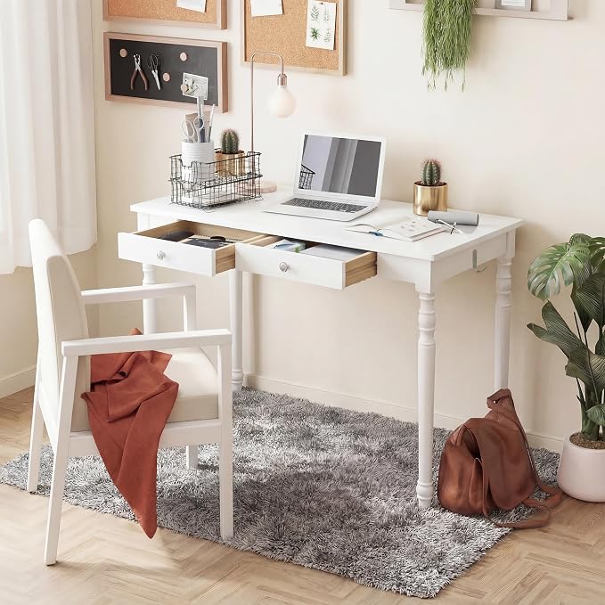 Mid Century Modern Desk, 47" White Solid Wood Desk with 2 Drawers, Wooden Writing Desk Computer Table for Home, Office, Bedroom, Living Room