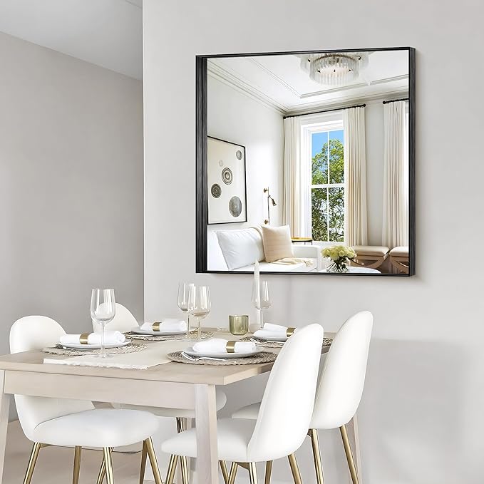 CIRCUMI Black Bathroom Mirror, 36"x36" Rectangular Mirror with Deep Metal Frame, Brushed Finish, Tempered Glass, Mirror for Wall, Oversink, Bedroom, Installed Vertically/Horizontally, Crystal-Clear