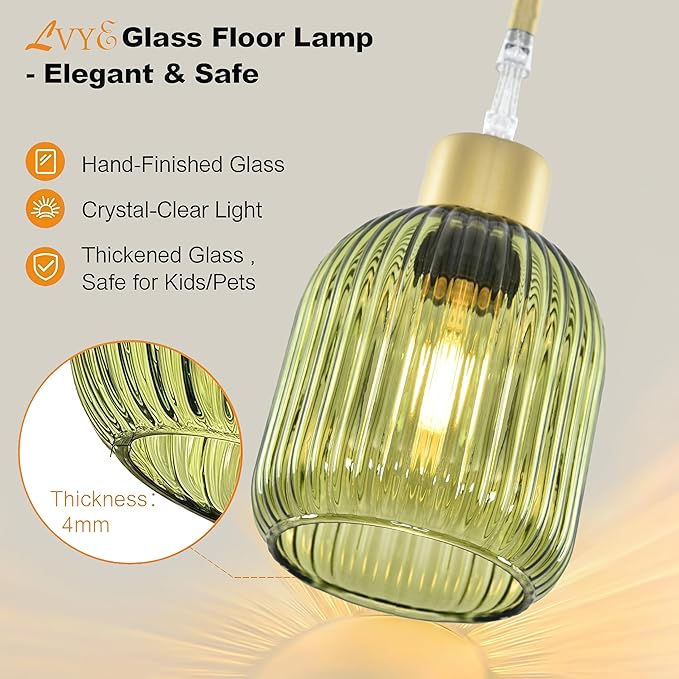 Modern Floor Lamps for Living Room, Glass Standing Lamp with Green Shade, Dimmable Ribbed Glass 3 Lights Floor Lamps, Mid Century Tall Lamp for Bedroom, 3 Bulbs Included