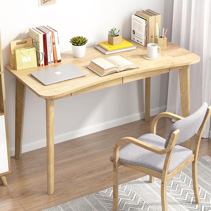 100% Solid Wood Desk with Drawers - 48 x 24 Inch Home Office Computer Desks, Modern Writing Desk with Drawers, Simple Study Table Makeup Vanity - Natural Boho Desks