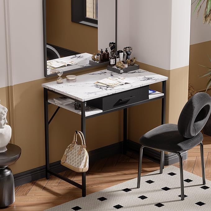 Pamray 32 Inch Small Computer Desk with Drawer and Shelves Simple Study Work Table for Bedroom Marble