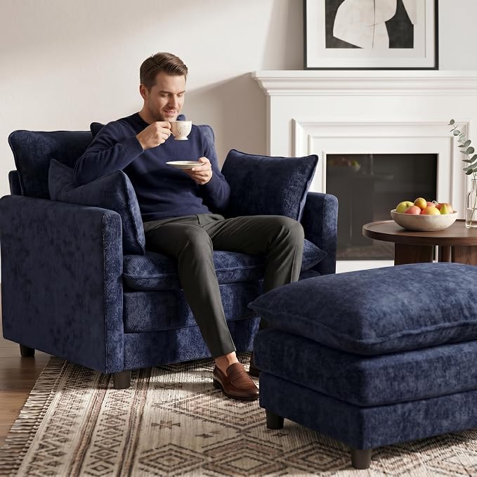 Oversized Accent Chair with Ottoman, Chenille Cloud Single Sofa Upholstered Double-Layer Seat Lounge Armchair with Pillows for Living Room Reading Apartment, Blue