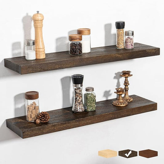 RICHFOCUS Rustic Wooden Floating Shelves for Wall - 30 Inch Wood Shelves Set of 2-7.9 Inch Deep Solid Paulownia Wood Wall Mounted Shelves with Upgraded Metal Brackets for Room Decor, Walnut