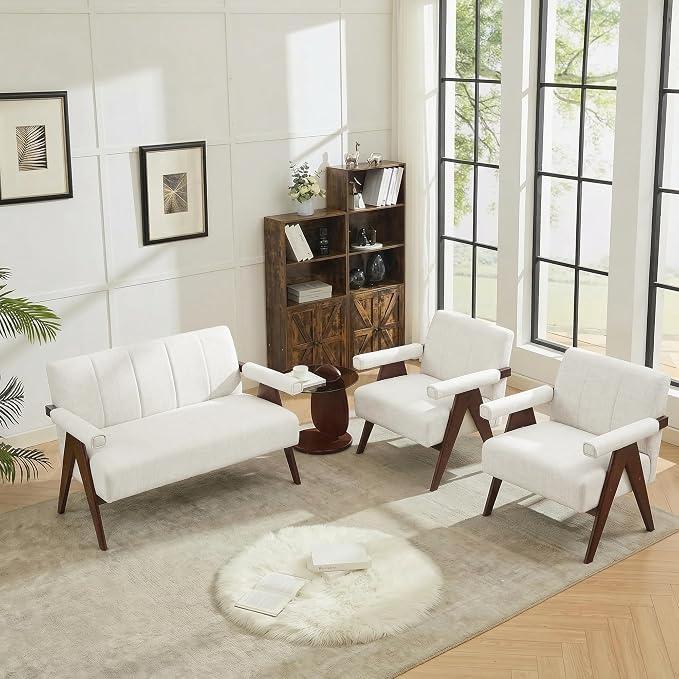 AODAILIHB Mid Century Modern Accent Chair Set of 2, Solid Wood Frame White Linen Armchairs, Modern Reading & Living Room Chairs for Office Guest & Waiting Room