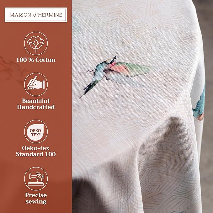 Maison d' Hermine Table Cloth Round Table 100% Cotton 63 Round Inches Tablecloth Reusable Decorative for Dining Room Farmhouse Home Valentines Day Decorations Spring Summer - Flying Birds