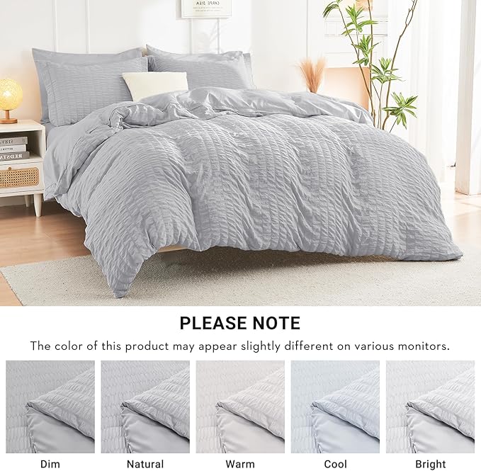 HYMOKEGE Light Grey California King Comforter Set Seersucker 7 Pieces, All Season Luxury Bed in a Bag for Bedroom, Bedding Set with Comforters, Sheets, Pillowcases & Shams