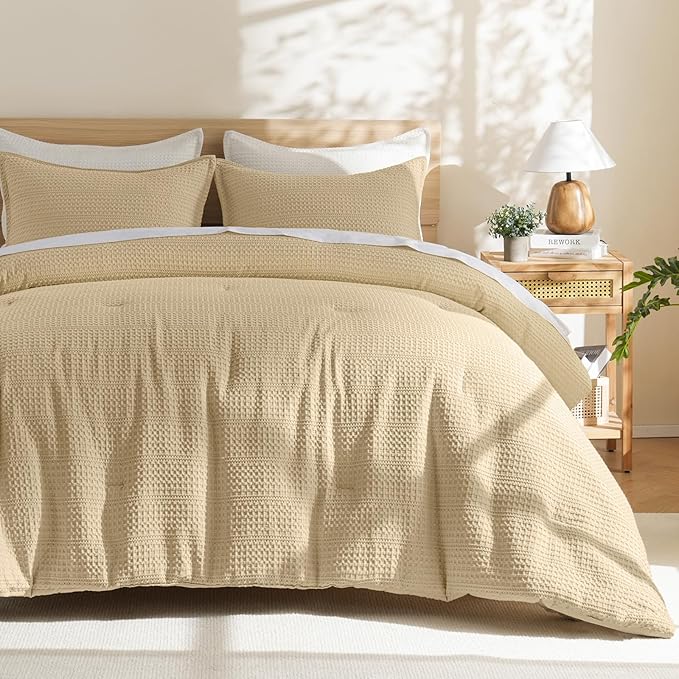 PHF Soft Waffle Comforter Set Queen Size- Comfy Breathable Waffle Weave Comforter with 2 Pillow Shams, 3 Pieces Less Snagging Lightweight Textured Bedding Set for All Season, Light Khaki
