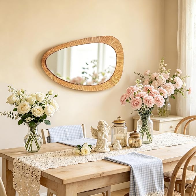 BAODANFU Irregular Rattan Wall Mirrors Decorative, 20"x30" Asymmetrical Decorative Mirror with Boho Handwoven Natural Rattan Frame, Vanity Mirrors for Bathroom, Bedroom, Entryway, Dning Room Decor
