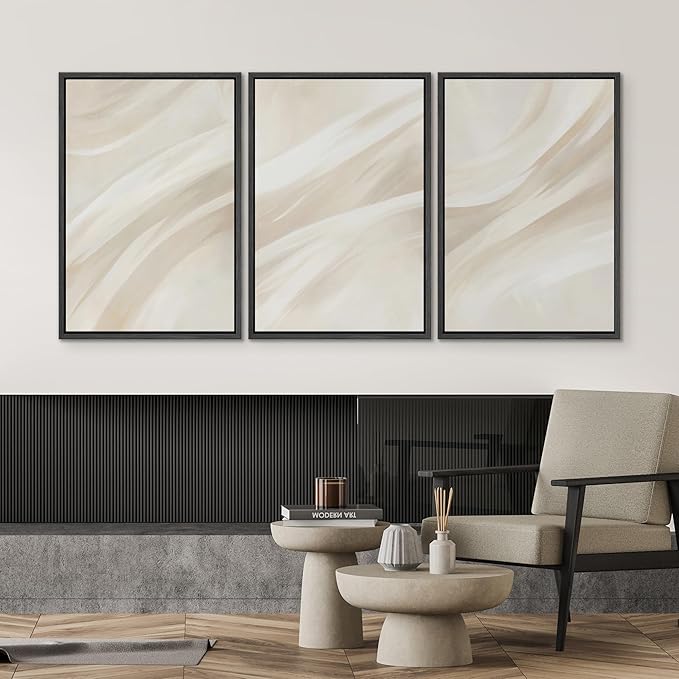 SIGNWIN Framed Canvas Print Wall Art Set Abstract Beige Flow Neutral Brushstroke Illustrations Modern Art Decorative Boho Relax/Zen Nordic for Living Room, Bedroom, Office - 24"x36"x3 Black