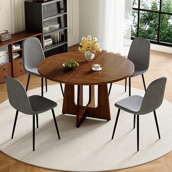 47" Round Dining Table Set for 4, Walnut Wood Grain Table and 4 Dark Gray Linen Upholstered Chairs Set, Mid Century Modern Kitchen Table Set with Cross Legs