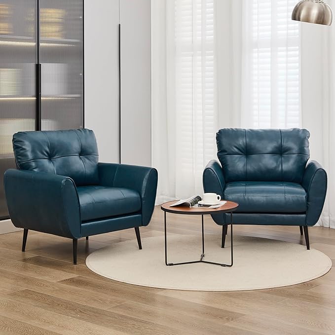 TYBOATLE Accent Chairs Set of 2, Comfy Modern Living Room Blue Faux Leather Reading Accent Chairs Tufted Mid Century Arm Chair Small Salon Chair for Office Bedroom (2, Blue)