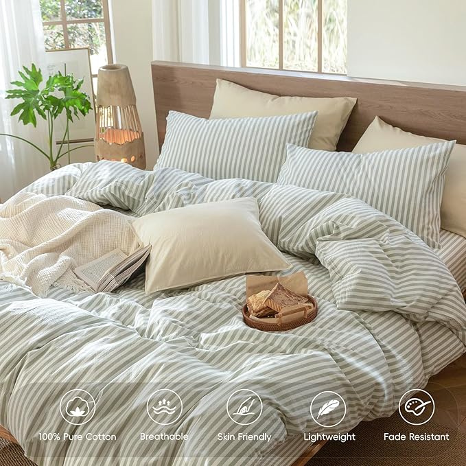 MooMee Striped Duvet Cover Set 100% Washed Cotton Linen Like Textured Breathable Durable Soft Comfy (Sage Green White Classic Stripes, Oversized Queen 98"x98")