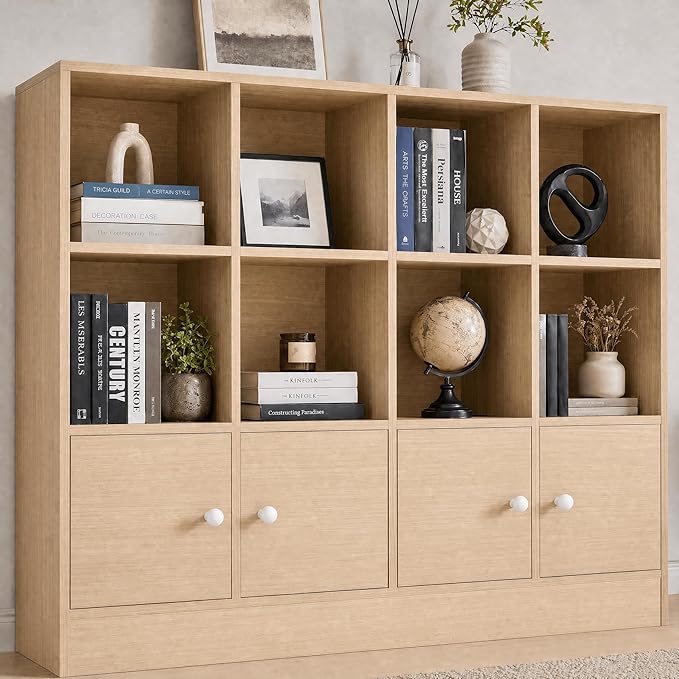 Cozy Castle Oak Wood Bookcase, 12 Cube Display Shelf with 4 Doors, 3 Tier Open Bookshelf with Adjustable Shelves for Living Room, Home Office, Entryway