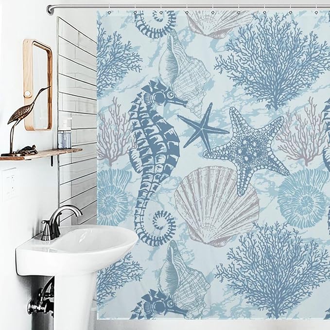Nautical Coastal Shower Curtains,Ocean Summer Beach Seahorse Starfish Undersea Animals Theme Bathroom Curtain Waterproof Fabric Machine Washable with Hook,72x78Inch