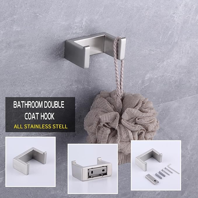 GERZWY Contemporary Stainless Steel Wall Mounted 4-Piece Bathroom Hardware Set - Towel Bar Towel Rings Toilet Paper Holder Towel Hooks, Brushed Finish HG1708-4LS