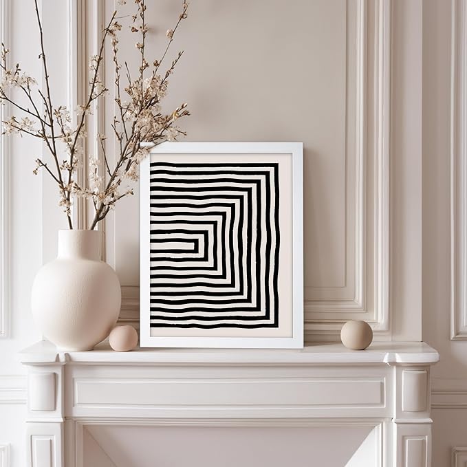 Poster Master Japanese Ink Poster - Rectangle Tunnel Print - Geometric Illustration - Abstract Illustration - Line Artwork - Mid Century Modern Art - Minimal Living Room Design - 8x10 White Framed
