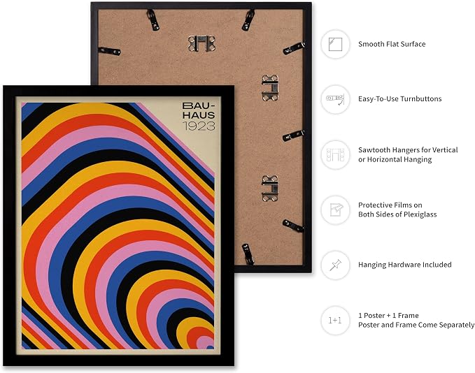 Poster Master Bauhaus Poster - Psychedelic Stripes Print - Abstract Art - Geometric Art - Graphic Design Art - Chic Boho Art - Mid Century Modern Art - Living Room Wall Decor - 16x20 Black Framed