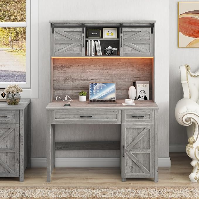 Vabches Farmhouse 47" Executive Desk, Computer Desk with 2 Drawers, LED Light and Storage Cabinet, Home Office Desk with Hutch, Charging Hub, Workstation for Home Office and Study(Grey