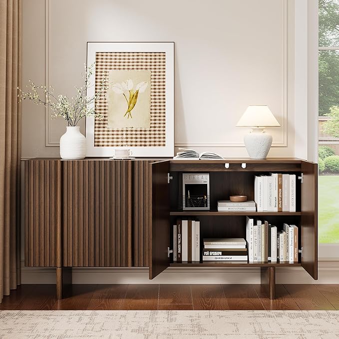 ONBRILL 63" Fluted Sideboard Buffet Cabinet with Storage, Large Sideboard Cabinet with Adjustable Shelves, Modern Credenza with 4 Doors, Kitchen Cabinets for Living Room, Entryway, Black