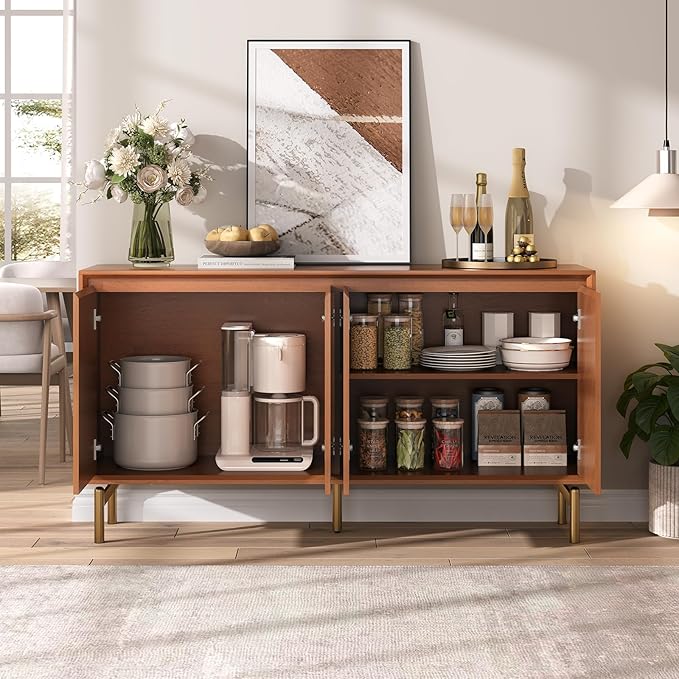 JOINICE Sideboard Cabinet with Storage, Mid-Century Modern Accent Cabinet | Chevron Pattern Credenza for living rooms, geometric door , gold-tone legs, dining room and entryway