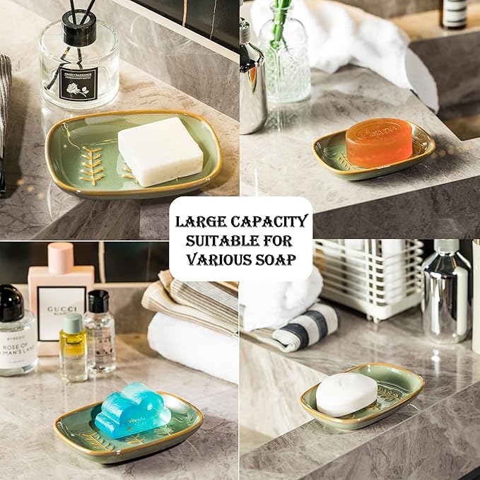 Soap Dish Soap Holder Shower, Ceramic Soap Dishes for Bar Soap Sponge, Shower Soap Dish Soap Saver Tray for Bathroom Kitchen Sink, Easy to Clean, Green (Pack of 2)