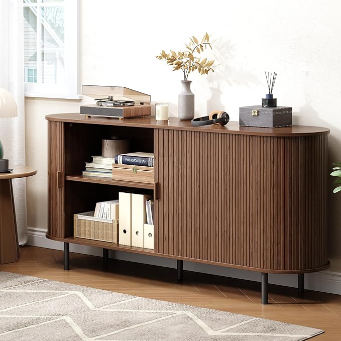 Buffet Cabinet with Storage, Fluted Sideboard Buffet with Sliding Door, Coffee Bar Cabinet with Adjustable Shelf, Console Table, Accent Table for Entryway, Kitchen (Walnut, 63 Inch)