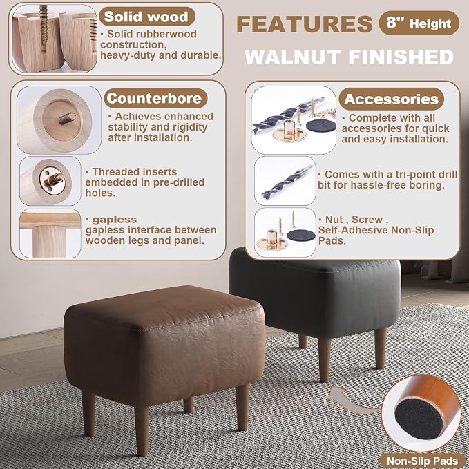Wood Furniture Legs 8 Inch Heavy Duty Set of 4, Solid Wooden Feet for Furniture & Sofa & Tables & Ottoman - Wood Furniture Risers Replacement Couch Legs Cabinet Foot - Walnut Finish