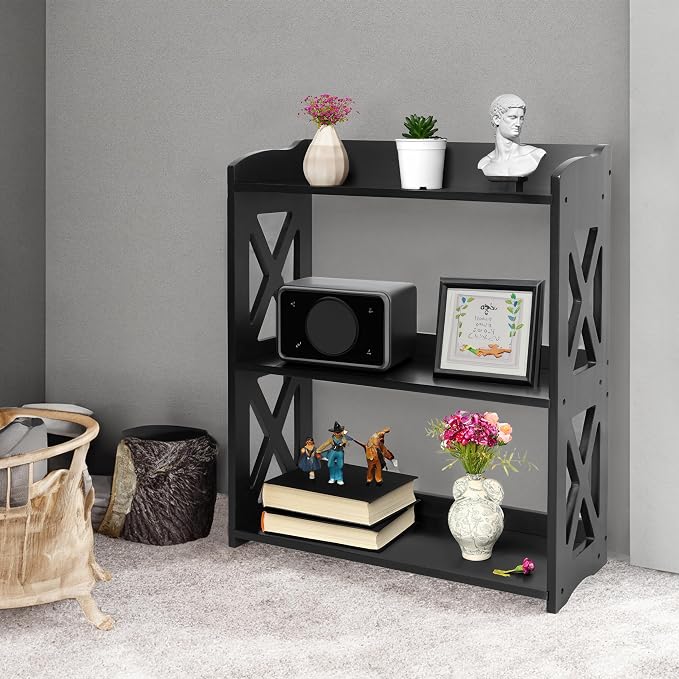Black Bookcase by Natural Wood, 3 Tier Bookshelf, Small Book Shelves Freestanding Display Storage Shelves. Open Bookshelf for Bedroom, Living Room and Office (Black, 3 Tier)