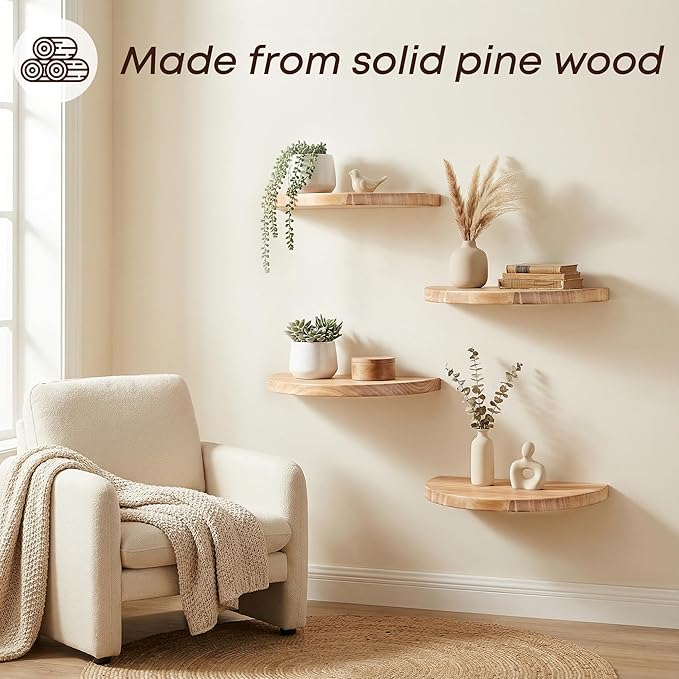 Small Wood Floating Shelves (2-Pack, 8-inch Diameter) - Round Sturdy Invisible Wall Mount Display for Small Plants,Toys,Bathroom,Living Room Storage & Modern Rustic Décor (Carbonized Brown)