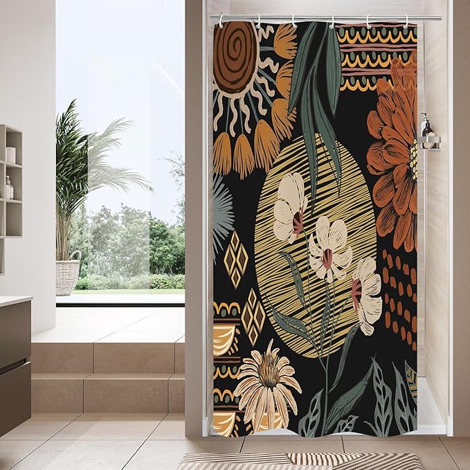 MitoVilla Boho Floral Small Stall Shower Curtain 36 x 72, Abstract Flower Narrow Half Size Chic Shower Curtains for Retro Bathroom Decor, Botanical Bohemian Shower Curtain 36 inch