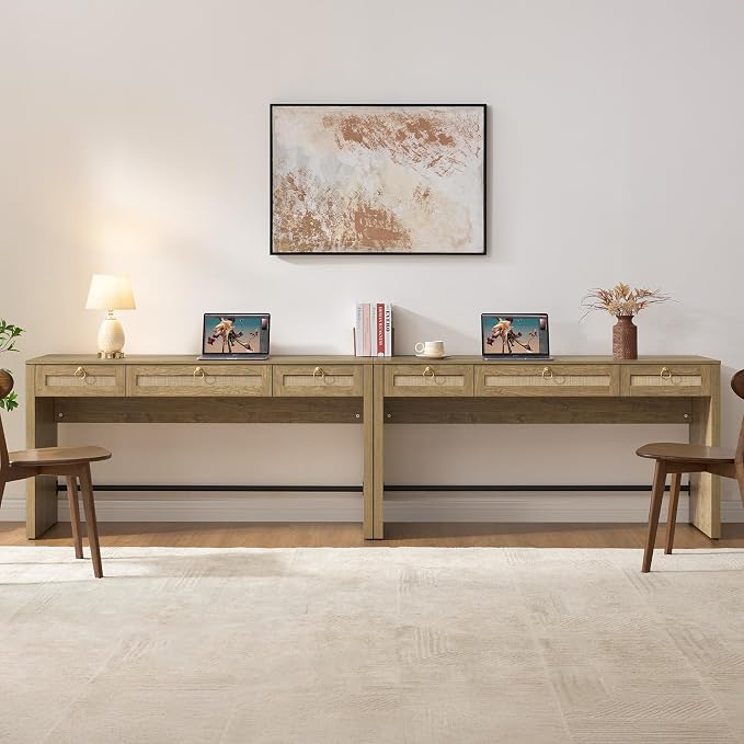 SICOTAS 60" Rattan Computer Desk Writing Table with Storage: Long Home Office Desk with 3 Drawers, Farmhouse Executive Desk Console Table Living Room, Office (Carbon Cherry, 2 Pieces)
