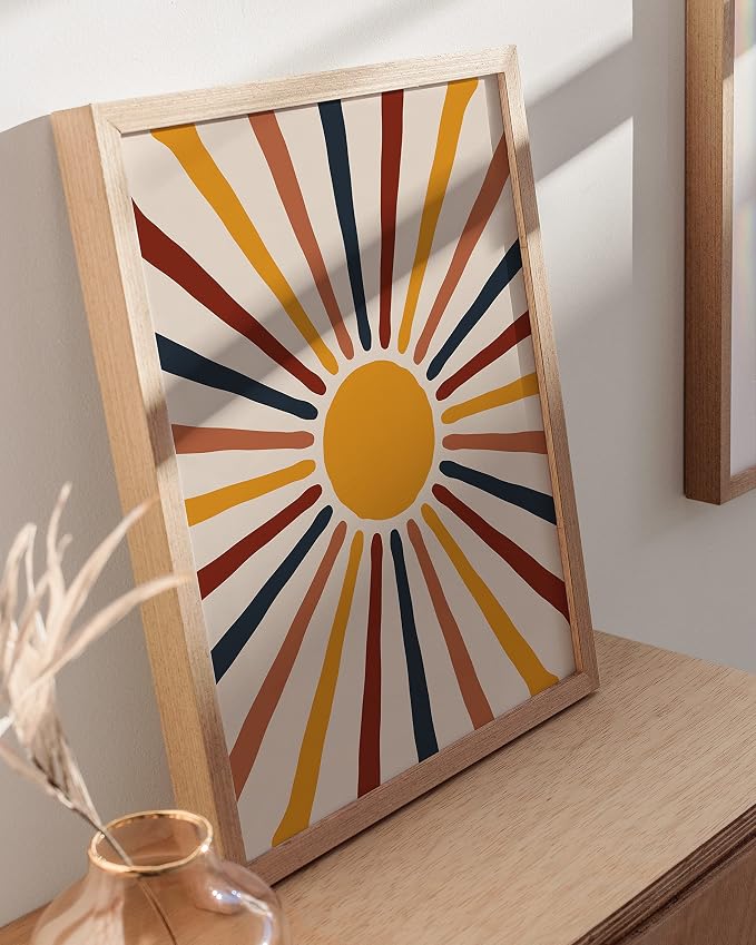 HAUS AND HUES Mid Century Modern Sun Wall Art - Minimalist Yellow Sun Print with Rainbow Rays, Modern Boho Art, Unframed 12x16