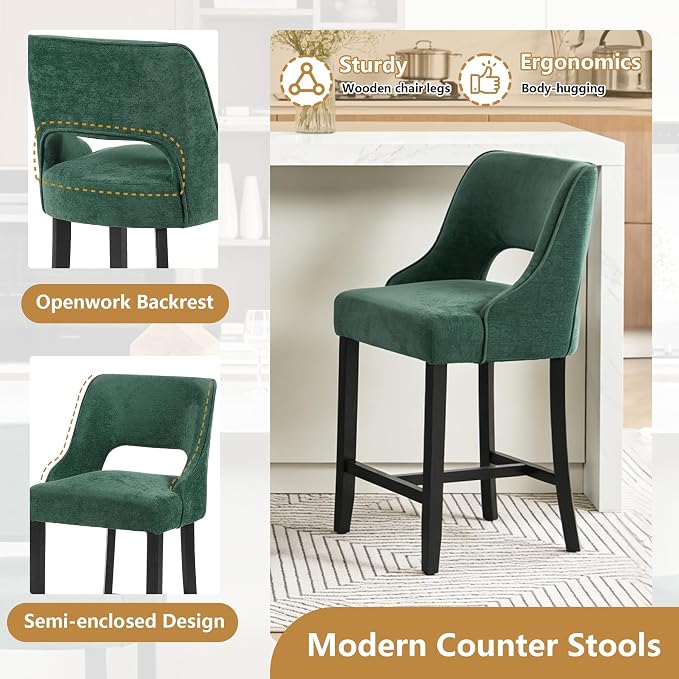 ClinQ Bar Stools Set of 3, 26" H Counter Height Bar Stools with Backs, Modern Upholstered Accent Barstools with H-Shaped Footrest for Kitchen Island, Dining Room and Bar, Green-Black Legs