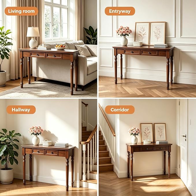 ADORZ Narrow Writing Desk with Drawers, 47 Inch French Country Solid Wood Desk for Home Office, Study Workspace or Bedroom, Walnut