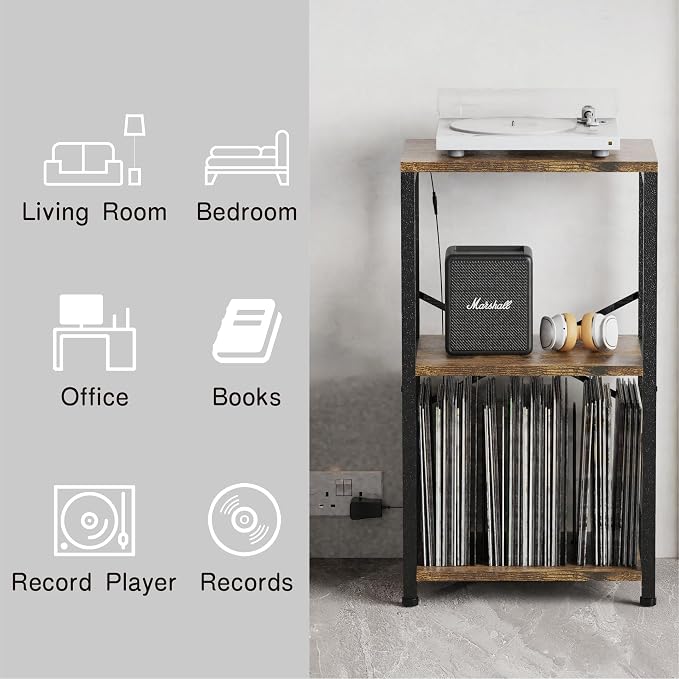 YAKANJ End Table with LED Light,Record Player Stand with Albums Storage,Vinyl Records Storage,Turntable Stand Side Table for Music Room Studio Living Room Bedroom-Retro