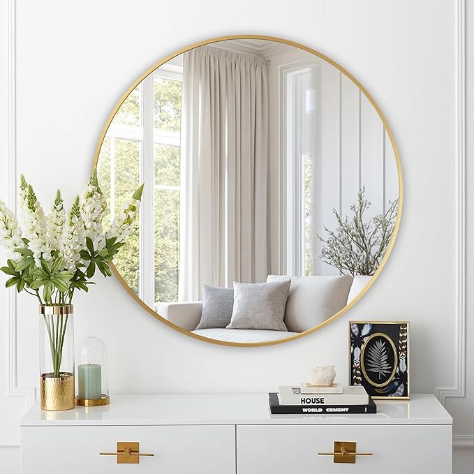 Round Mirror, Wall Mounted Circle Mirror with Brushed Metal Frame, Circular Mirrors for for Bathroom, Living Room, Vanity, Bedroom, Entryway, 36inch, Gold